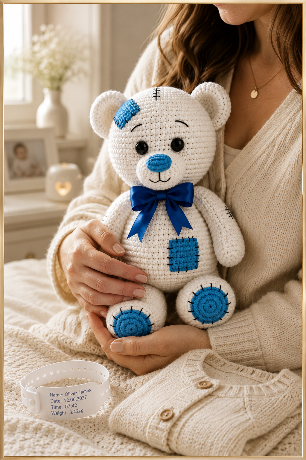 Benny, the handcrafted Brambelo Birth Bear, gently held beside a newborn cardigan and hospital bracelet