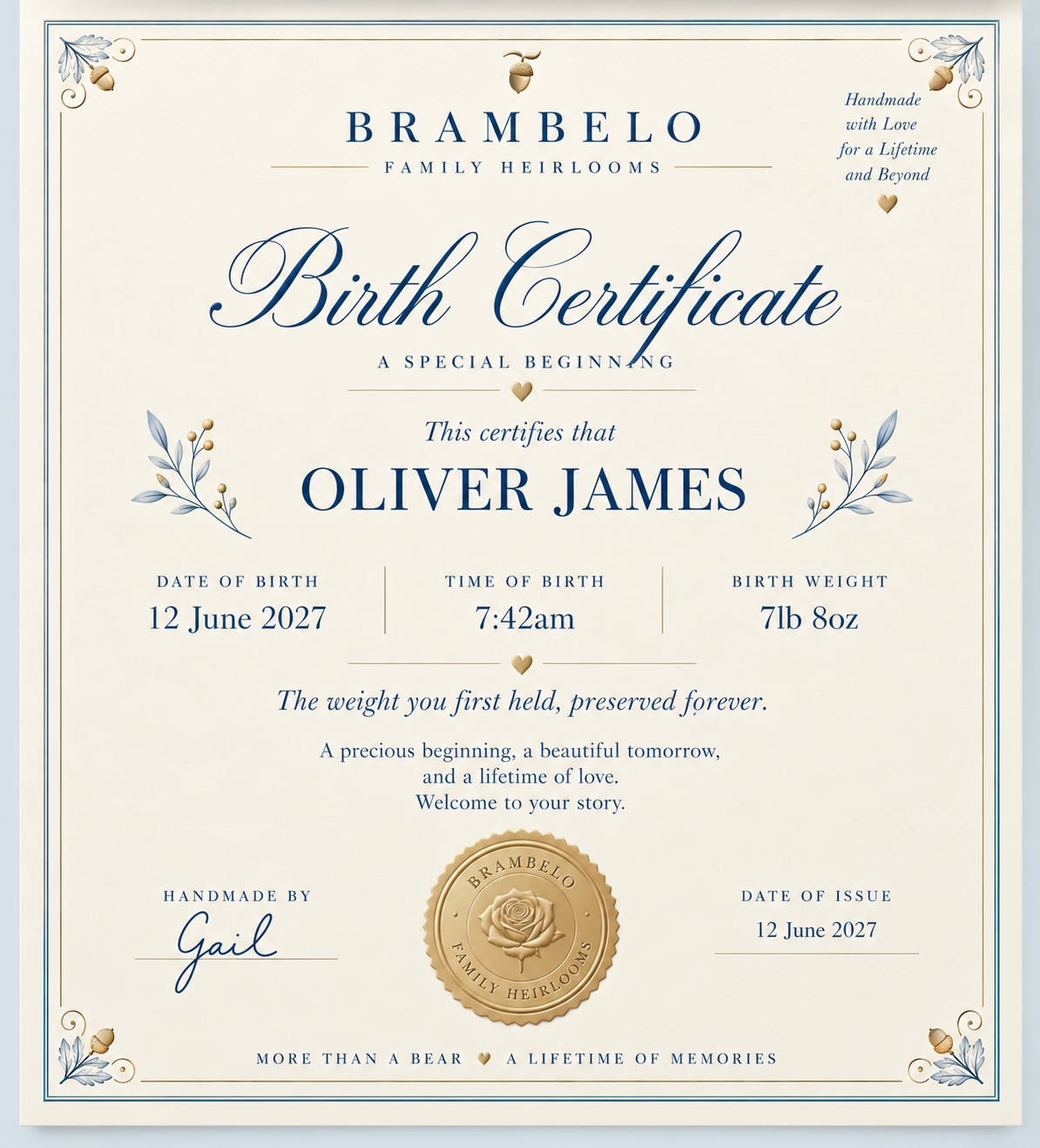 Brambelo Birth Certificate personalised for Oliver James
