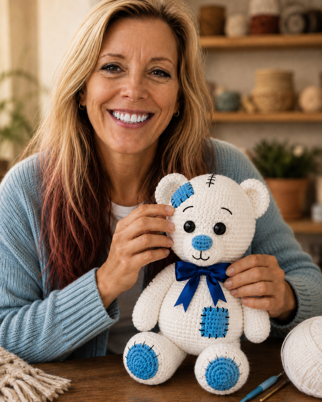 Gail, founder and maker of Brambelo, holding Benny Bear